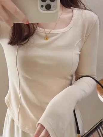 德绒方领打底衫女秋冬温柔软糯内搭修身显瘦正肩长袖t恤短款上衣商品大图