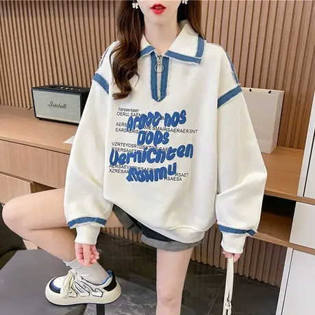 小个子翻领polo衫卫衣女春秋季韩版宽松薄款牛仔撞色拼接上衣外套商品大图