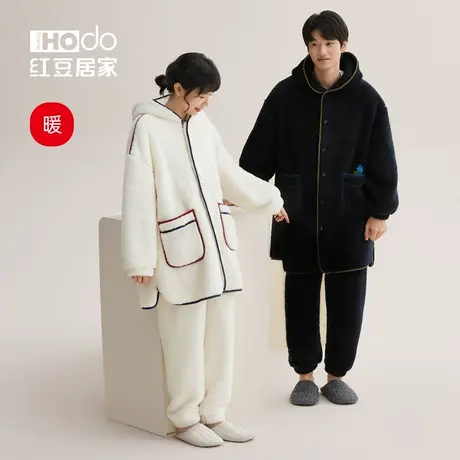红豆居家珊瑚绒情侣睡衣套装锁温保暖宽松加厚长款睡袍家居服冬季商品大图