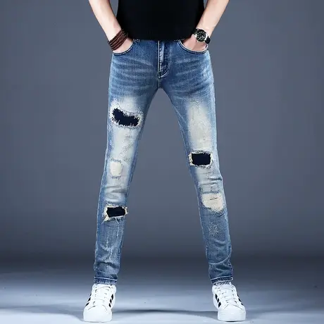破洞补丁牛仔裤男款乞丐裤子修身小脚2023秋冬季休闲男裤弹力百搭商品大图