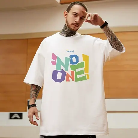 300g重磅美式字母印花短袖t恤街头大码白色圆领纯棉简约半袖男潮商品大图