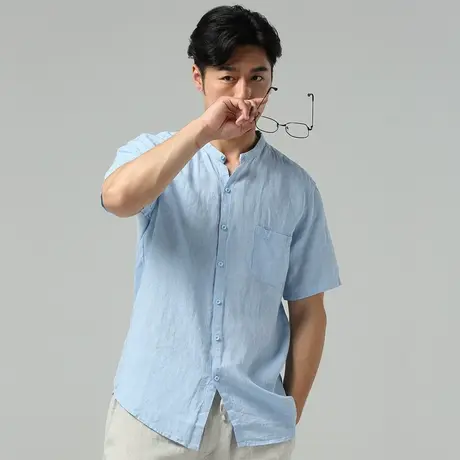 萨法瑞断码99亚麻短袖男衬衫宽松立领男装上衣男士棉麻白衬衫半袖图片