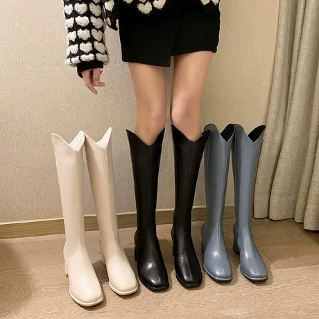 米白色小个子靴子马丁靴女款单靴2024新款高跟鞋粗跟不过膝长筒靴商品大图