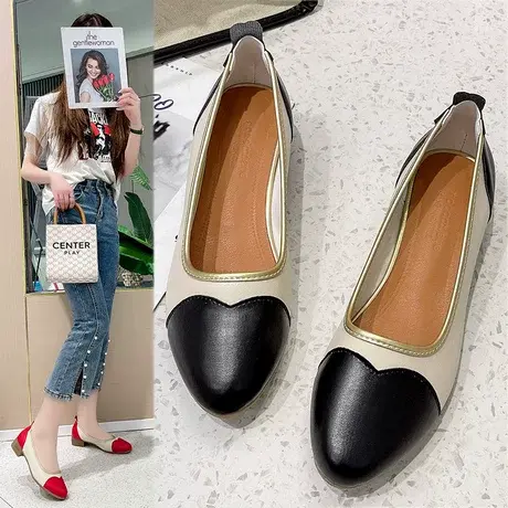 拼色小香风粗跟单鞋女夏2023百搭法式中跟妈妈浅口瓢鞋豆豆鞋商品大图