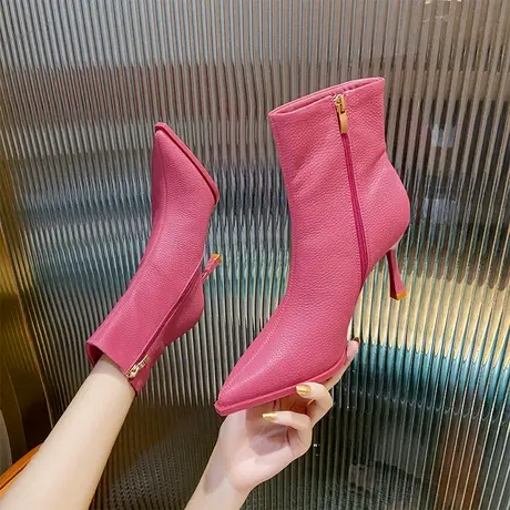粉色马丁靴女细跟2024年秋冬季新款尖头显瘦瘦瘦靴法式气质短筒靴商品大图
