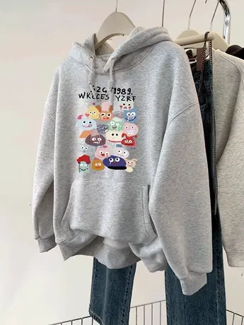 原宿风加绒上衣胖mm女装大码宽松秋冬连帽卫衣ins潮复古日系外套商品大图