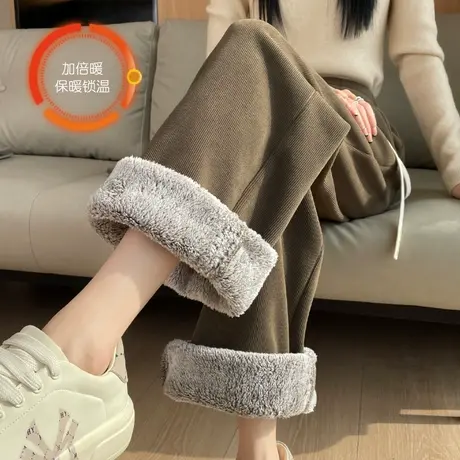 卡其色休闲加绒加厚直筒裤子女款2024冬新款防风防寒裤松紧腰显瘦商品大图