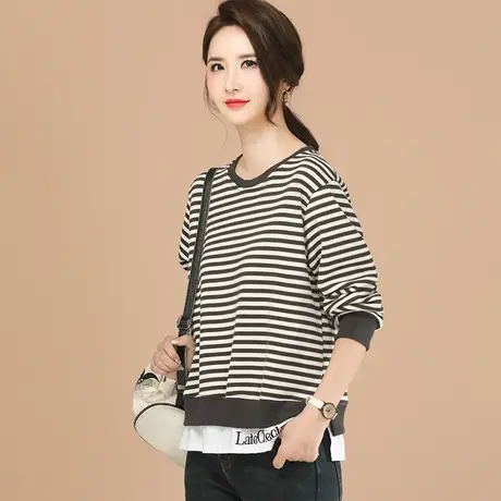 韩潮袭人oversize假两件条纹圆领卫衣女2024春新款长袖T恤上衣商品大图