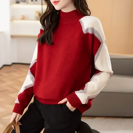 23168新款韩版宽松半高领拼色套头针织衫女士百搭毛衣亮丝打底商品大图