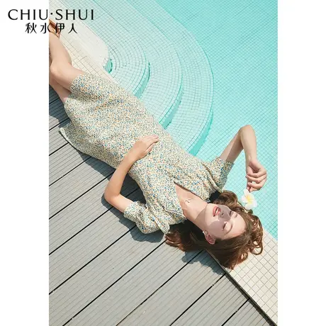 秋水伊人印花雪纺裙2021年夏新款女装气质翻边V领撞色碎花连衣裙图片