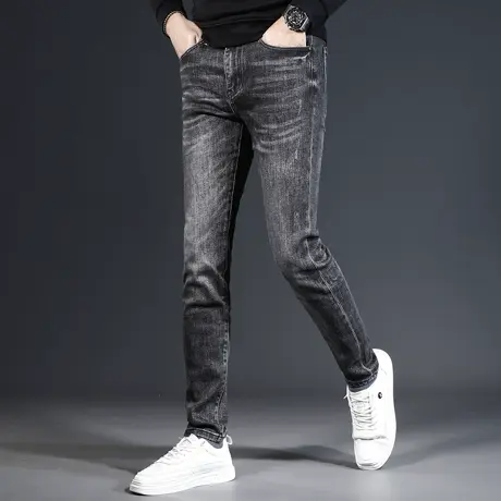 高端牛仔裤男款修身小脚裤2023新款烟灰色弹力百搭男士裤子秋冬款商品大图