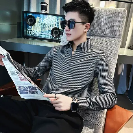 条纹高级设计衬衫长袖2023秋季潮流INS痞帅休闲上衣潮牌个性衬衣商品大图