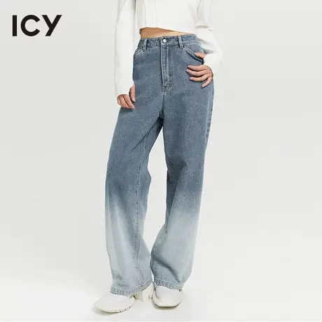 icy2023春季新款复古摩登设计感渐变吊染高腰阔腿牛仔裤长裤图片