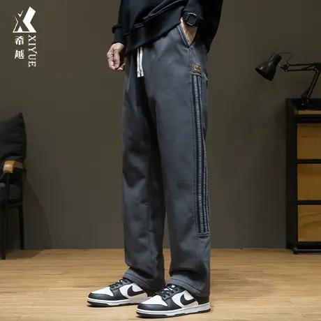 希越奥粒绒加厚直筒牛仔裤春季男宽松大码加绒保暖美式休闲长裤子商品大图