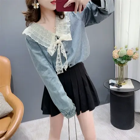 日系复古V领蕾丝边系带牛仔衬衫女春季2024新款洋气减龄外套上衣商品大图