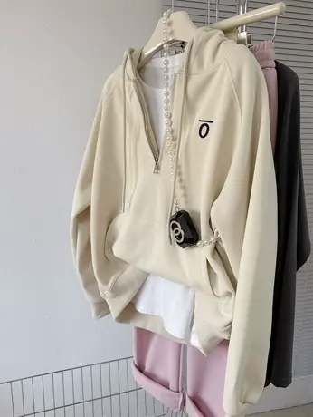 2024春季新款半拉链字母刺绣帽衫宽松女连帽简约纯色百搭休闲卫衣商品大图