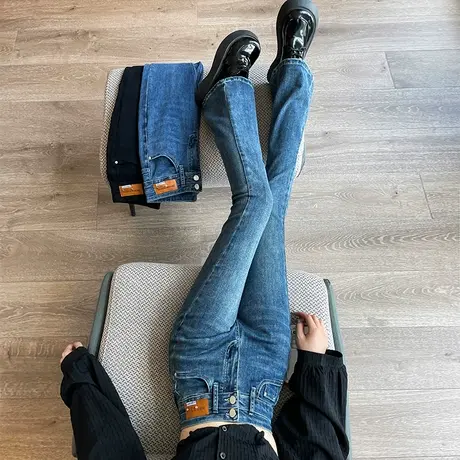 高腰两扣微喇牛仔裤女2024春秋新款小个子弹力修身百搭直筒喇叭裤图片