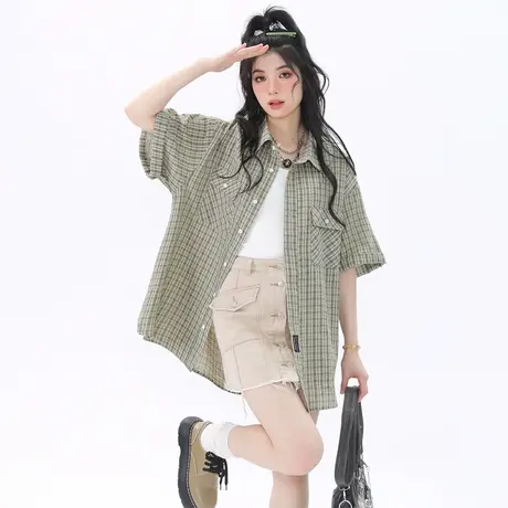美式复古格子衬衫女春夏2024新款潮牌短袖衬衣情侣装宽松防晒上衣商品大图