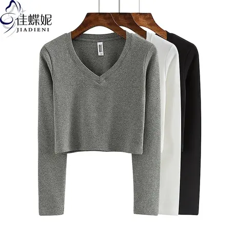 早春新款V领修身短款性感纯欲高腰纯棉纯色长袖体恤上衣女打底衫商品大图