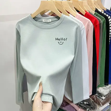 t恤女长袖圆领纯棉设计感红色上衣春秋季纯棉磨毛加厚简约韩版图片