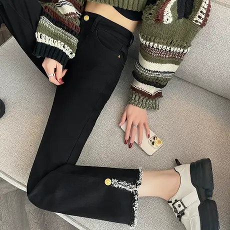 复古牛仔裤女春季新款大码胖mm梨形身材小个子开叉直筒九分烟管裤商品大图