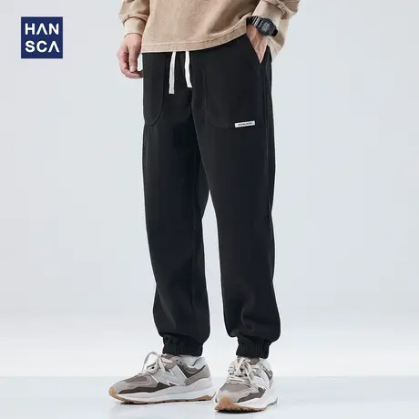 hansca美式休闲雪尼尔休闲裤男士秋冬季大口袋撞色腰绳宽松束脚裤商品大图