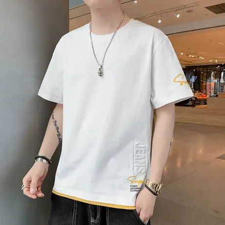 假两件纯棉短袖t恤男士夏季潮流薄款立体印花半袖潮牌圆领上衣服商品大图