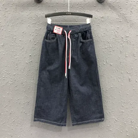 欧货阔腿裤女2024春夏新款个性贴布抽绳松紧腰高腰气质牛仔七分裤图片