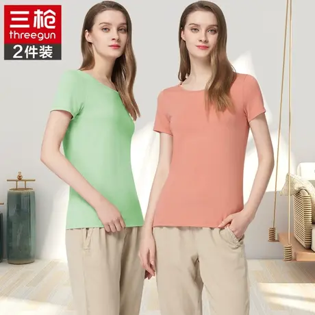 三枪弹力棉夏季短袖打底衫纯色圆领无痕女春秋棉质上衣T恤 2件装商品大图