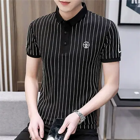 夏装体桖潮流条纹男士棉感衣服polo衫t恤短袖冰丝2023夏季保罗衫商品大图