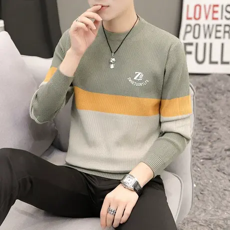 打底衫男春秋新款圆领冬季毛衣潮流秋装上衣宽松拼色针织衫线衣服图片
