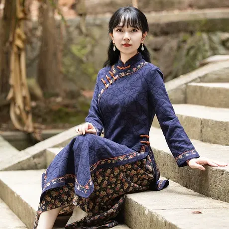 筠雅改良旗袍女秋冬加厚连衣裙2022年新款减龄时尚复古中国风长裙商品大图