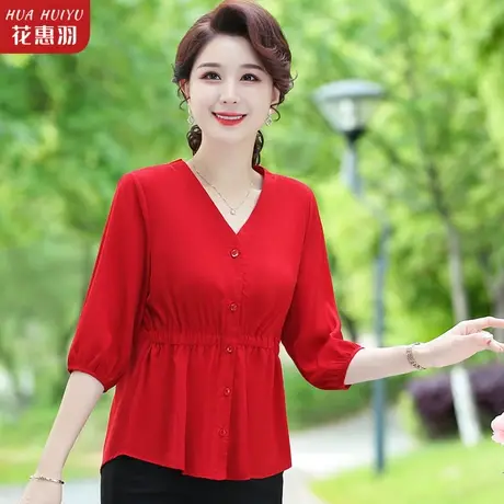 中年妈妈装2023夏装中老年洋气修身雪纺衫短袖T恤小衫夏季上衣女图片