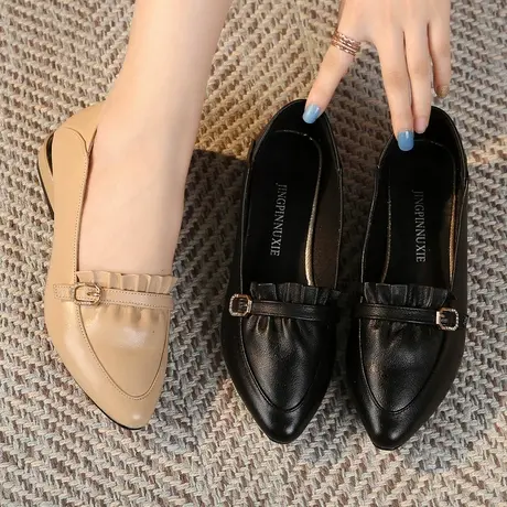 2023尖头秋季休闲真皮大码女皮鞋41一43平底软皮软底一脚蹬42单鞋商品大图