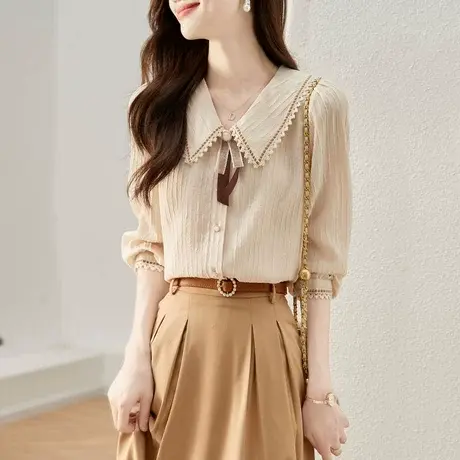 时尚甜美气质长袖衬衫2022年秋季新款淑女温柔娃娃领减龄宽松上衣商品大图