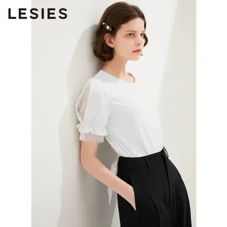 LESIES蓝色倾情春夏装新款圆领套头短袖T恤设计感小白T蕾丝上衣商品大图