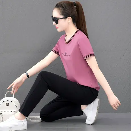 短袖长裤休闲运动服套装女士夏季薄款洋气中年妈妈减龄天丝两件套图片