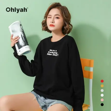 Ohlyah品牌 2023春装新款黑色卫衣女圆领韩版宽松无帽百搭情侣装商品大图