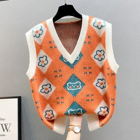 针织马甲背心女春秋外搭宽松2022新款韩版奶橘色洋气坎肩V领马夹商品大图