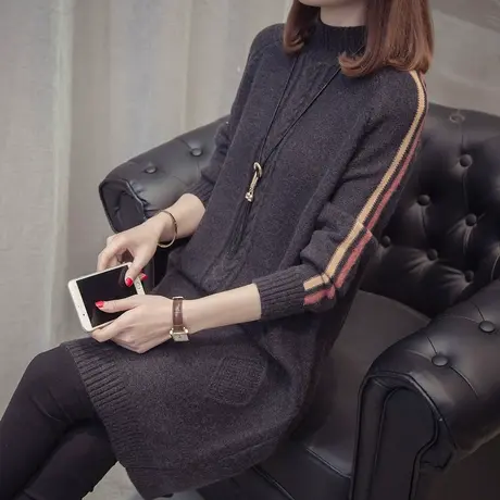 半高领打底毛衣裙加厚女秋冬季韩版宽松中长款复古麻花套头针织衫商品大图