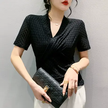 性感交叉V领上衣女短袖时尚气质网纱T恤夏季纯色修身百搭半袖小衫商品大图