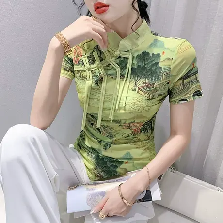 复古印花短袖上衣女夏季高级感国潮盘扣T恤时尚气质立领网纱小衫商品大图