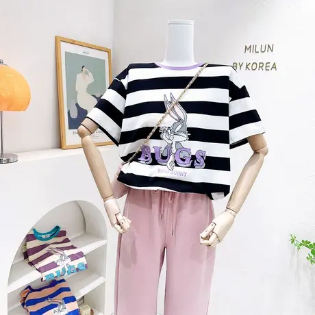 2023夏装新款条纹上衣韩国东大门ins卡通兔子撞色复古休闲短袖T恤商品大图