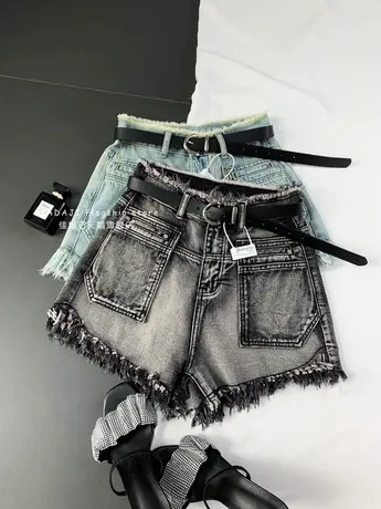 复古磨白大口袋牛仔短裤女2023夏季新款显瘦百搭高腰裤辣妹阔腿裤商品大图