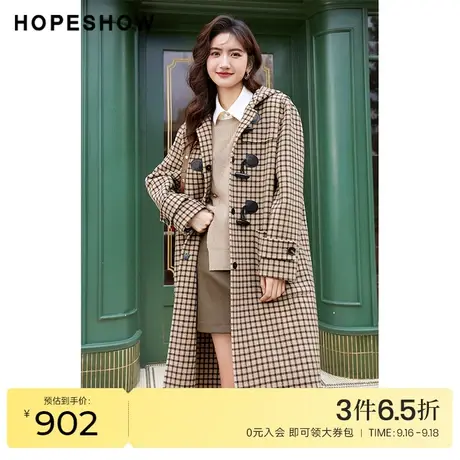 红袖outlets日系复古格纹双面呢外套hopeshow2022冬季款连帽大衣商品大图