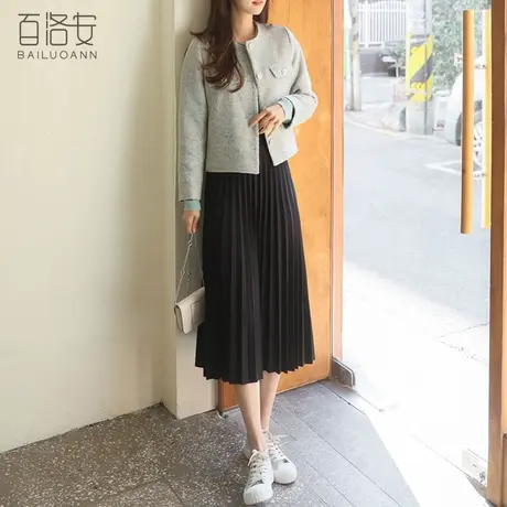百洛安高腰中长款百褶裙半身裙女秋季新款时尚百搭黑色a字裙伞裙图片