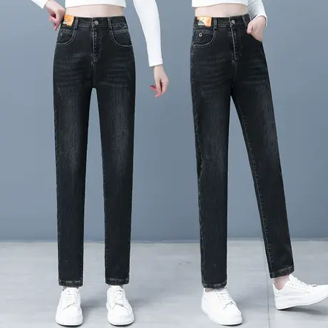 小个子哈伦牛仔裤女秋季松紧高腰直筒裤2023年新款宽松老爹小脚裤图片