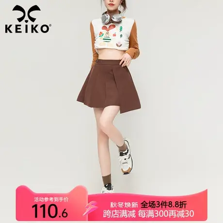 KEIKO 不对称设计皮扣百褶裙短裙秋季简单小乖巧日系咖色半身裙子图片