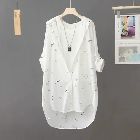 薄款连帽印花中长款长袖衬衫女装宽松百搭户外防晒外套衬衣防晒衫商品大图