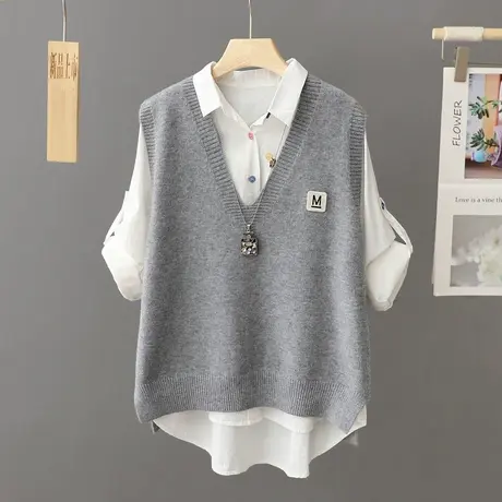 纯色针织马甲女韩版宽松2023秋冬休闲v领小背心叠穿毛衣马夹坎肩商品大图